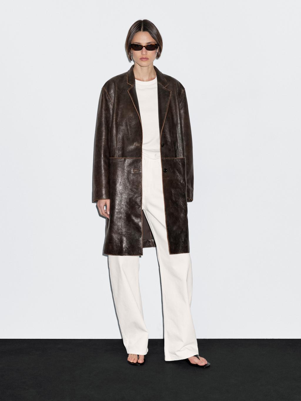 Distressed nappa leather coat