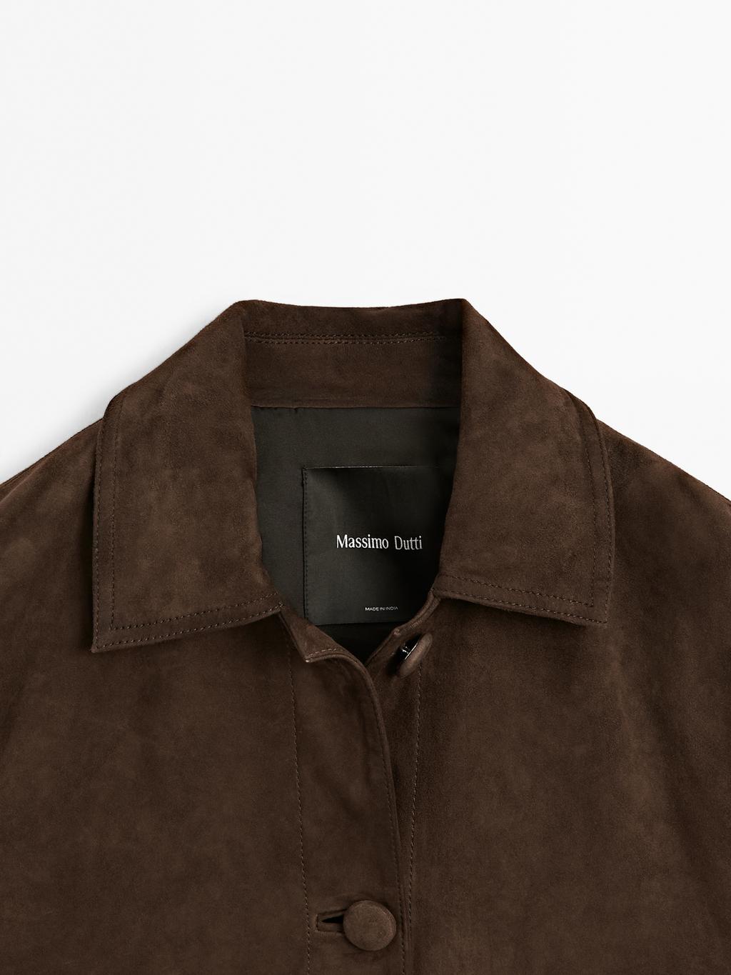 Cropped suede leather-lined jacket with buttons