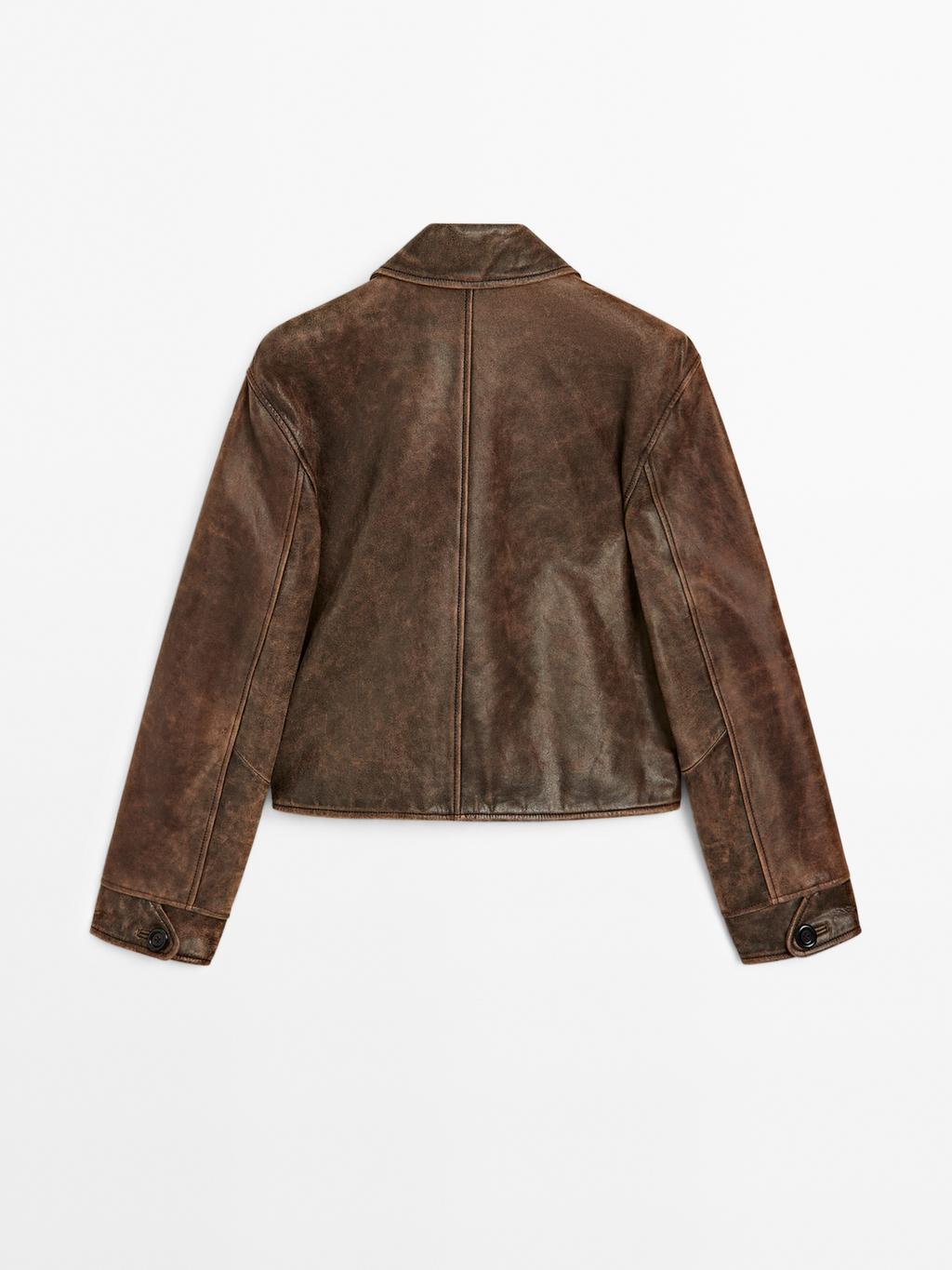 Distressed effect nappa leather cropped jacket