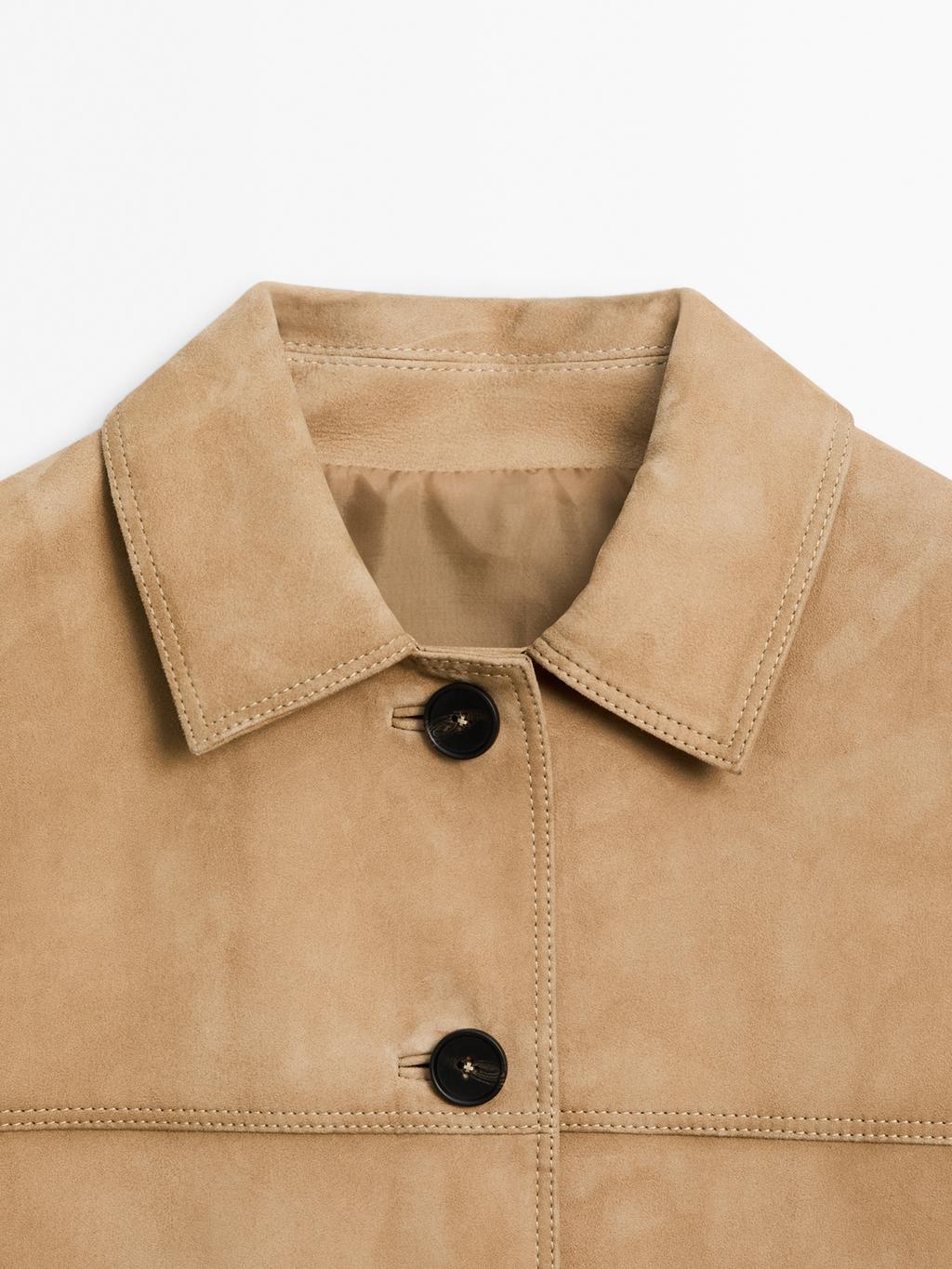 Short suede leather jacket with topstitching