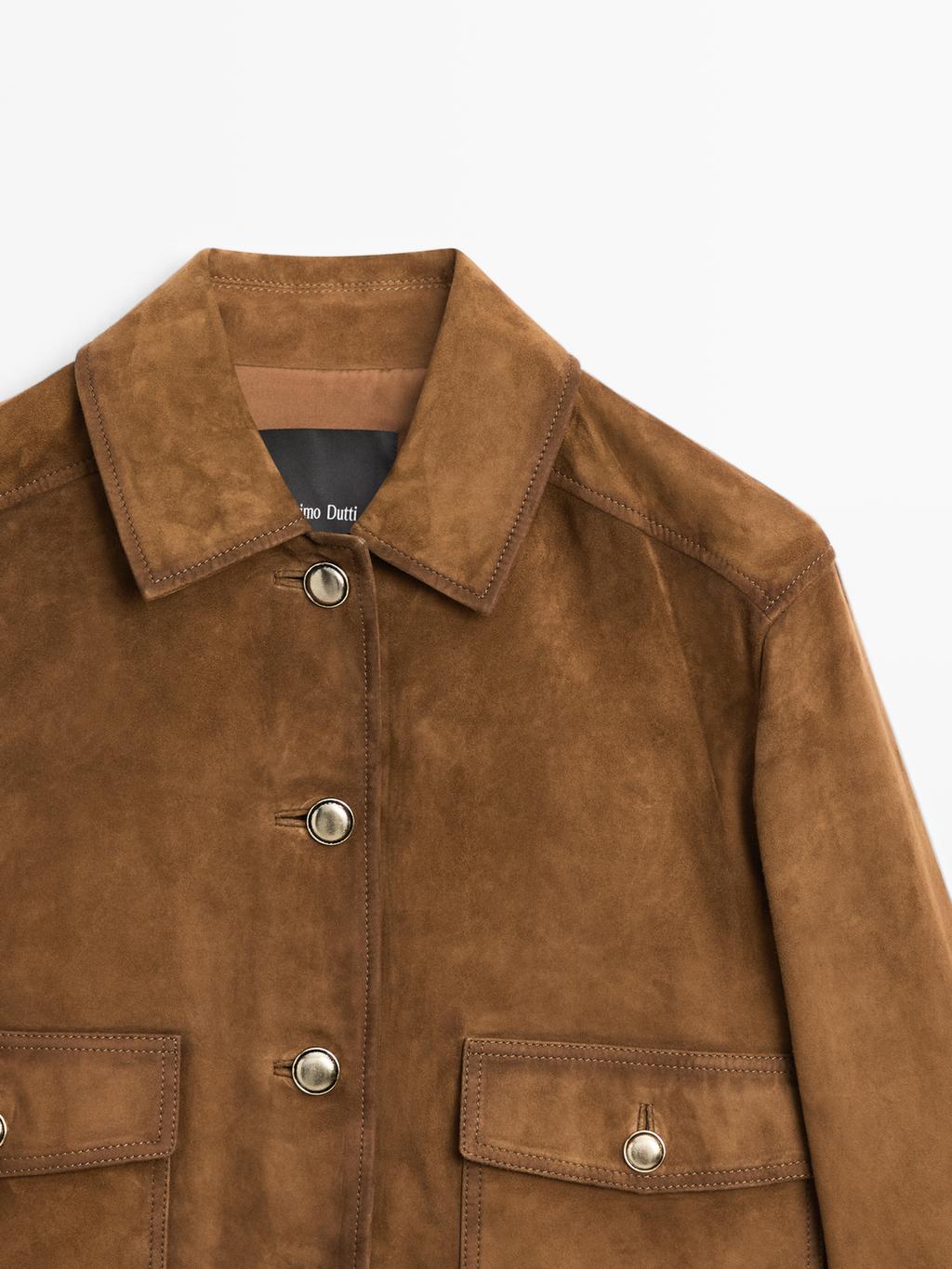 Suede leather jacket with gold-toned buttons