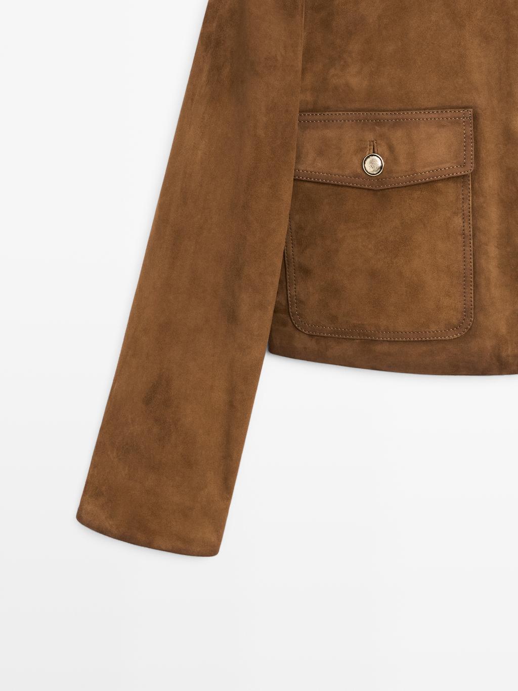 Suede leather jacket with gold-toned buttons