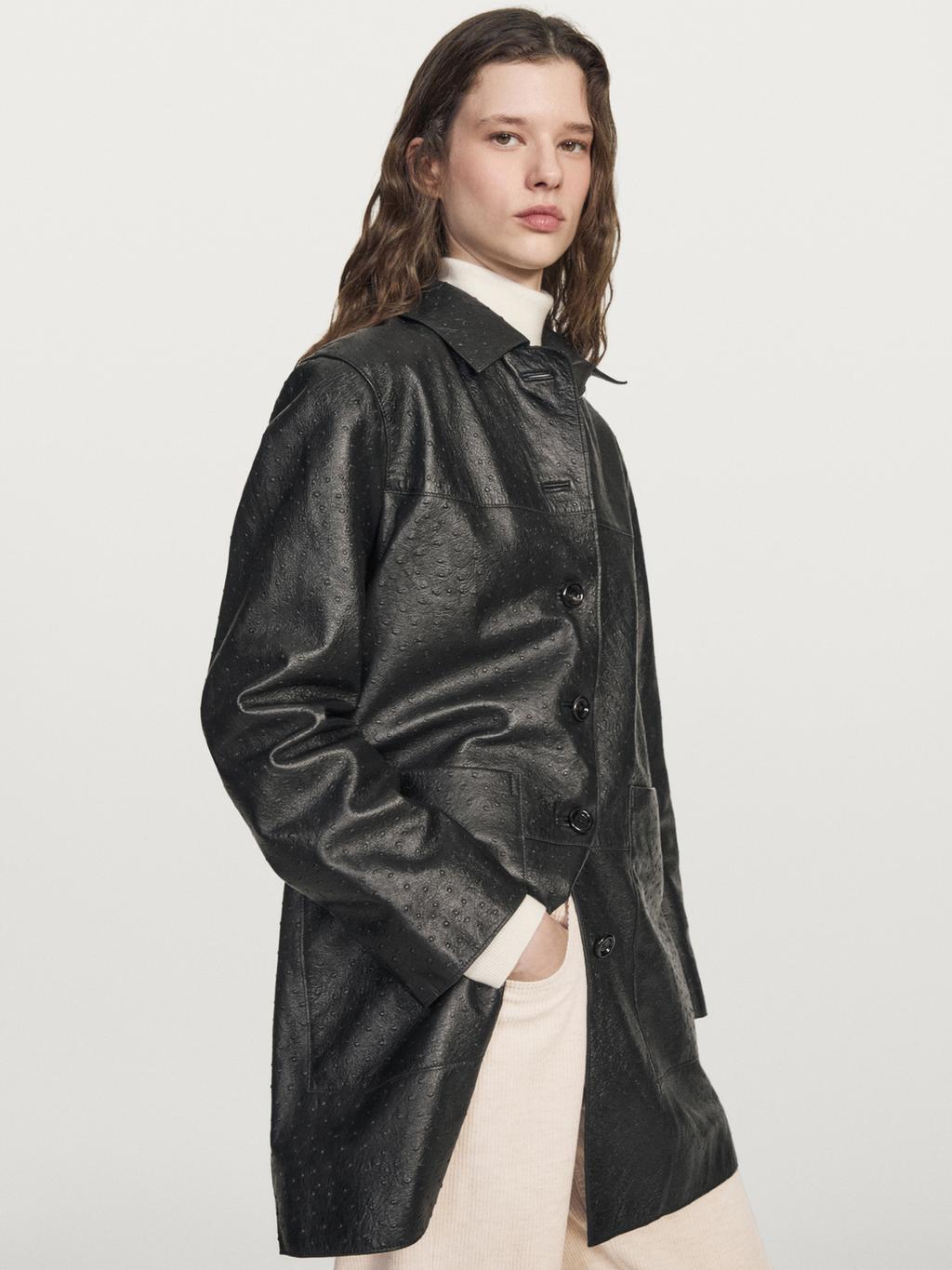 Long textured nappa leather coat