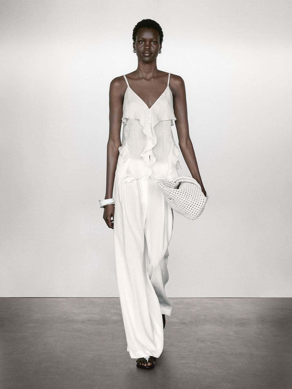 Linen blend darted palazzo trousers