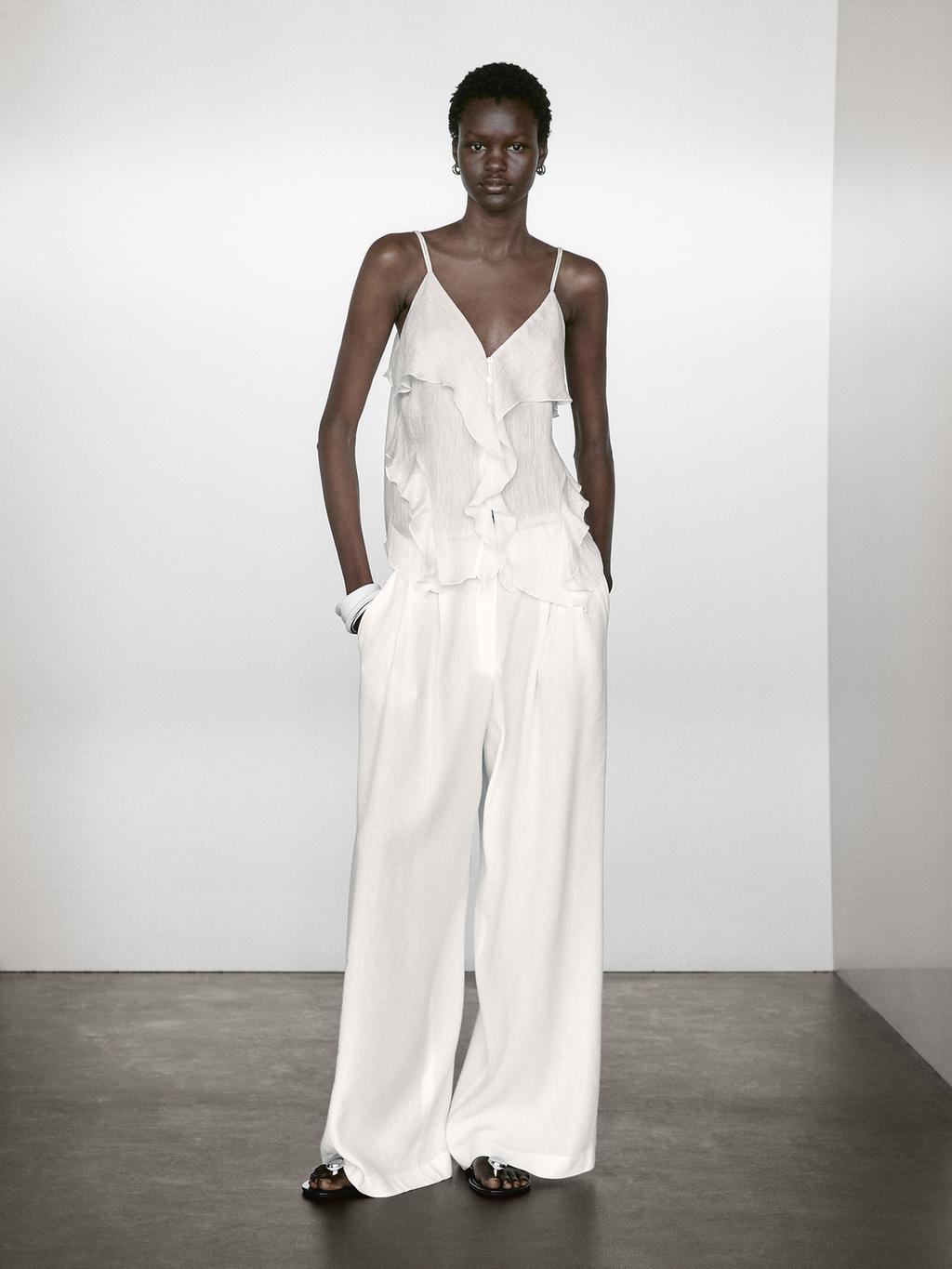 Linen blend darted palazzo trousers