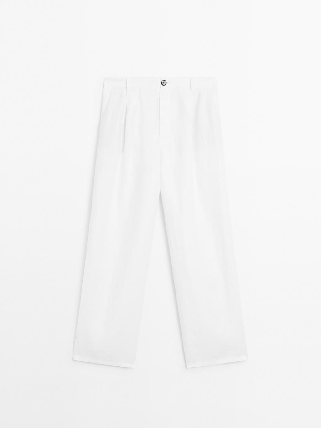 100% linen wide-leg mid-rise trousers