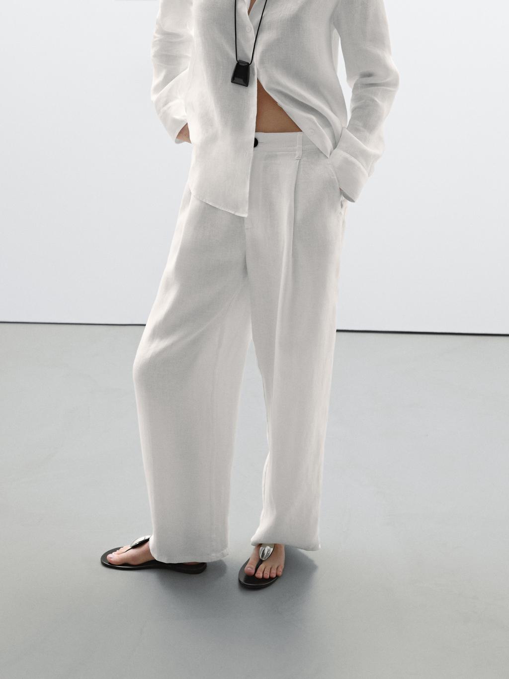 100% linen wide-leg mid-rise trousers