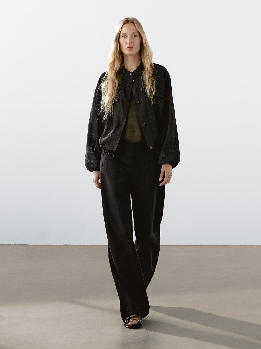 Linen blend trousers with elastic waistband