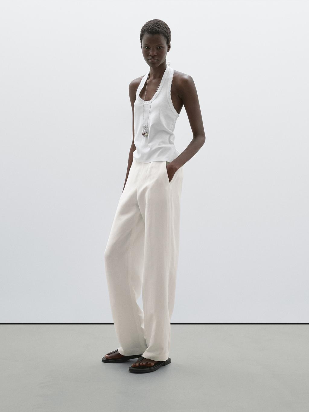 Straight fit flowing linen blend trousers