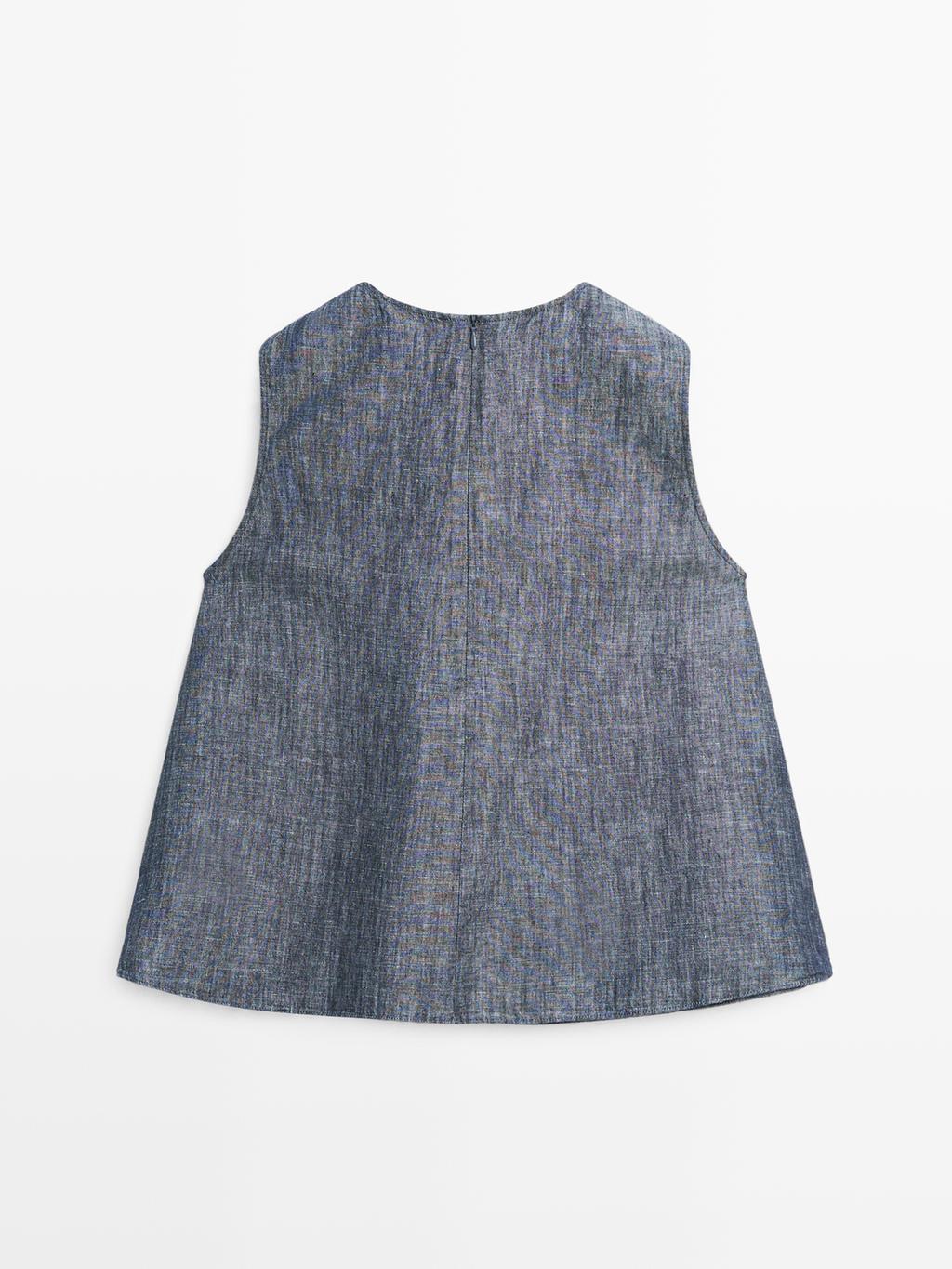 Cotton and linen denim blouse with pockets