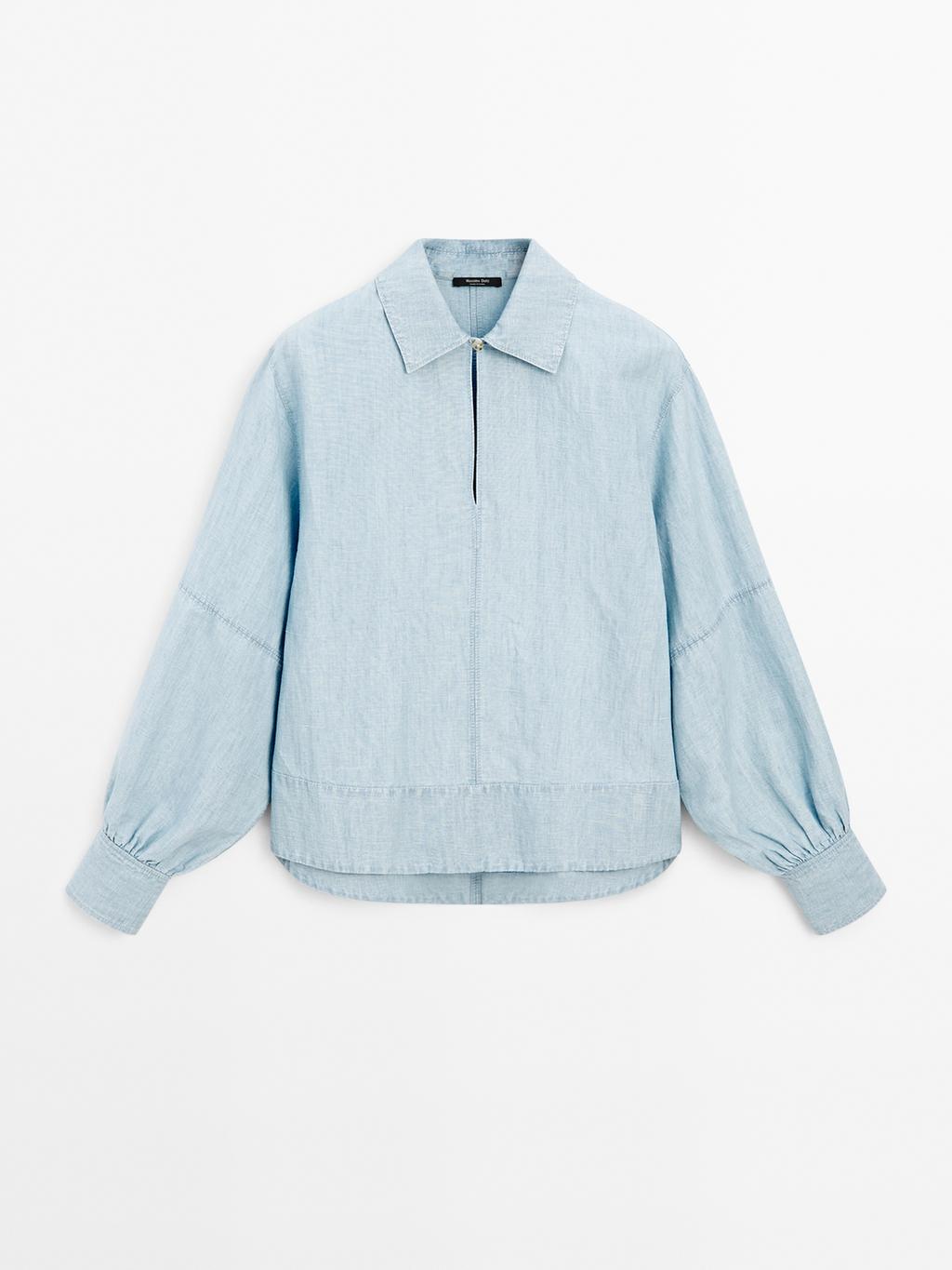 Oversize denim blouse with puff sleeves