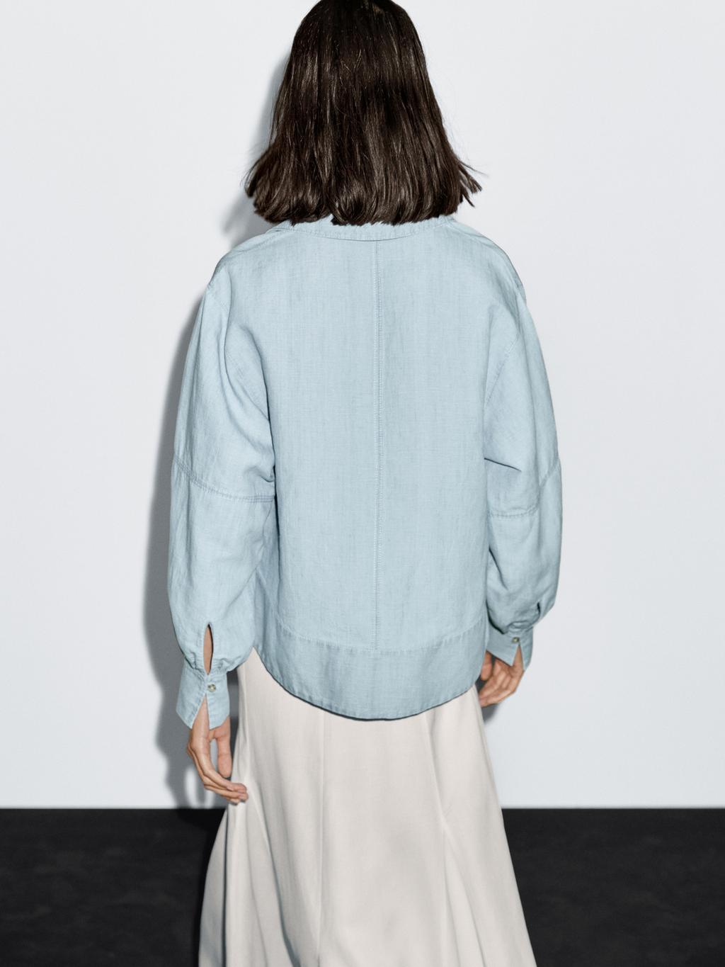 Oversize denim blouse with puff sleeves