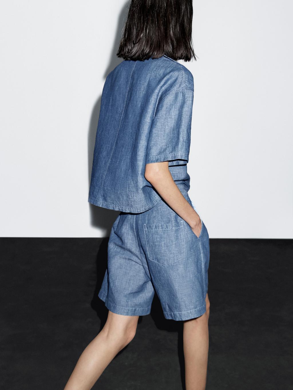 Cotton and linen Bermuda shorts with pocket detail