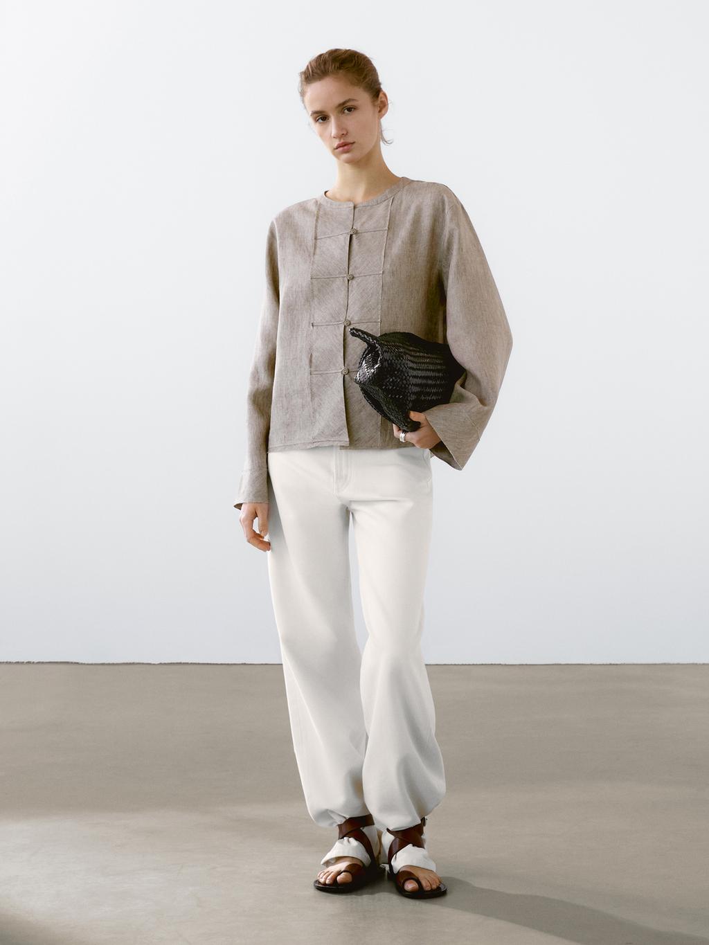 100% linen melange stand collar blouse