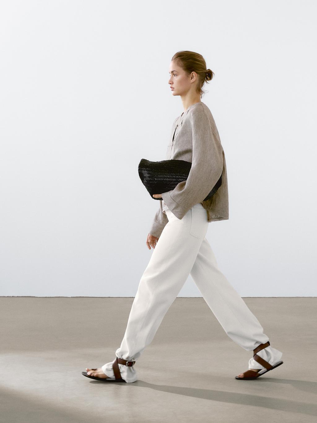 100% linen melange stand collar blouse