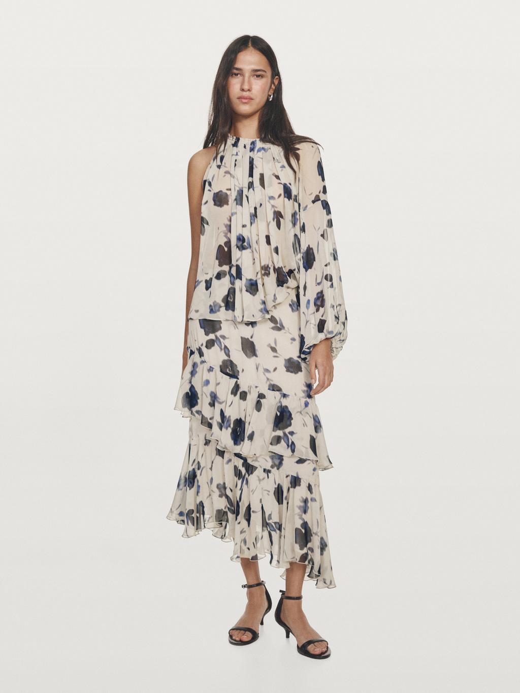 Asymmetric flowing floral print blouse