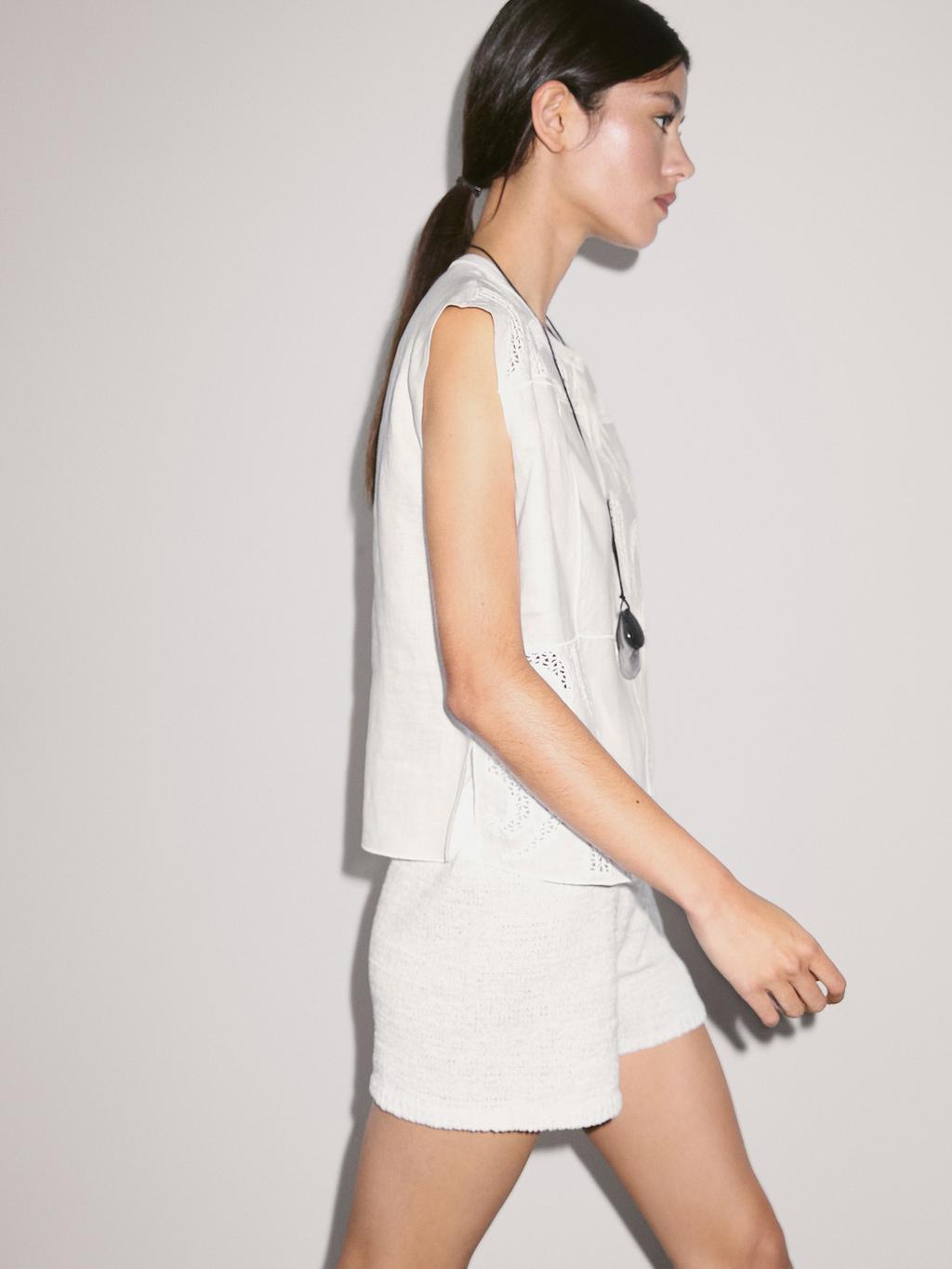 Linen blend crochet detail blouse