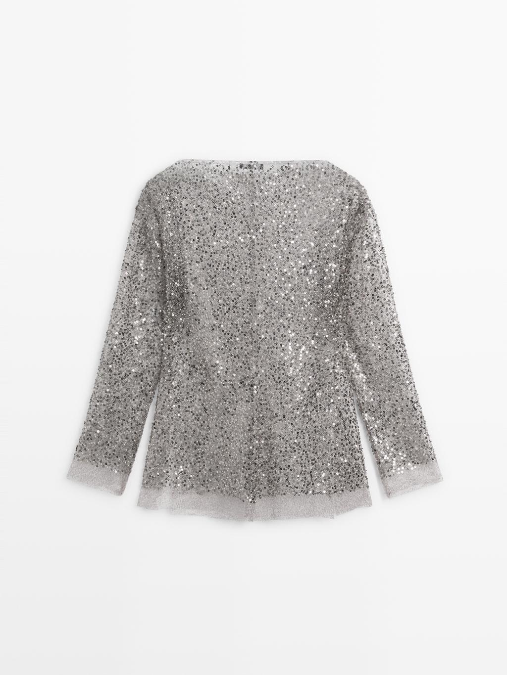 Sequinned blouse with cowl neck