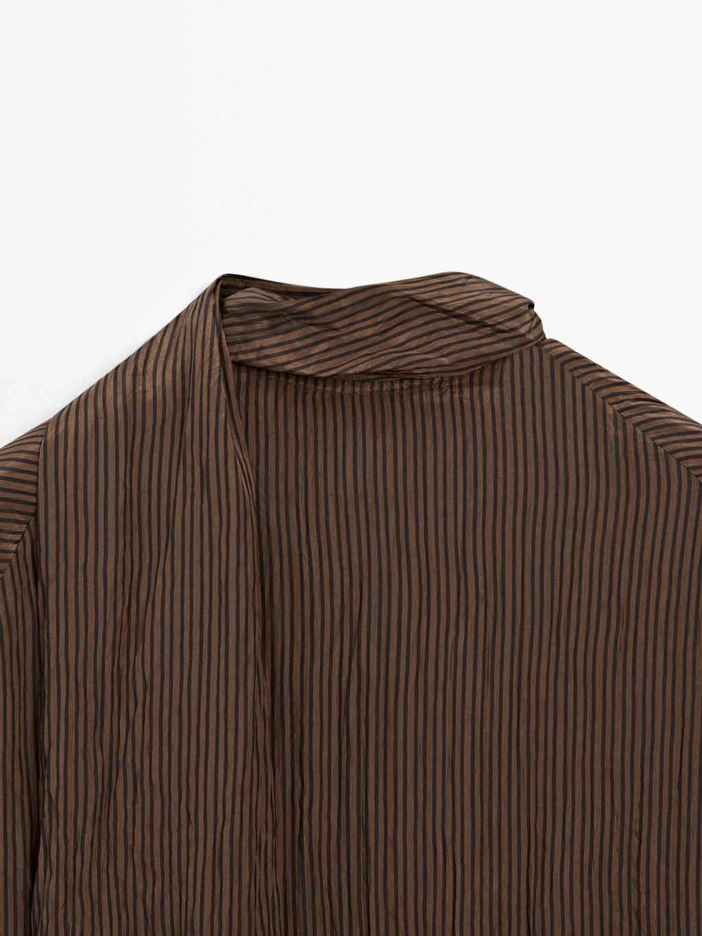 Pinstripe blouse with scarf collar