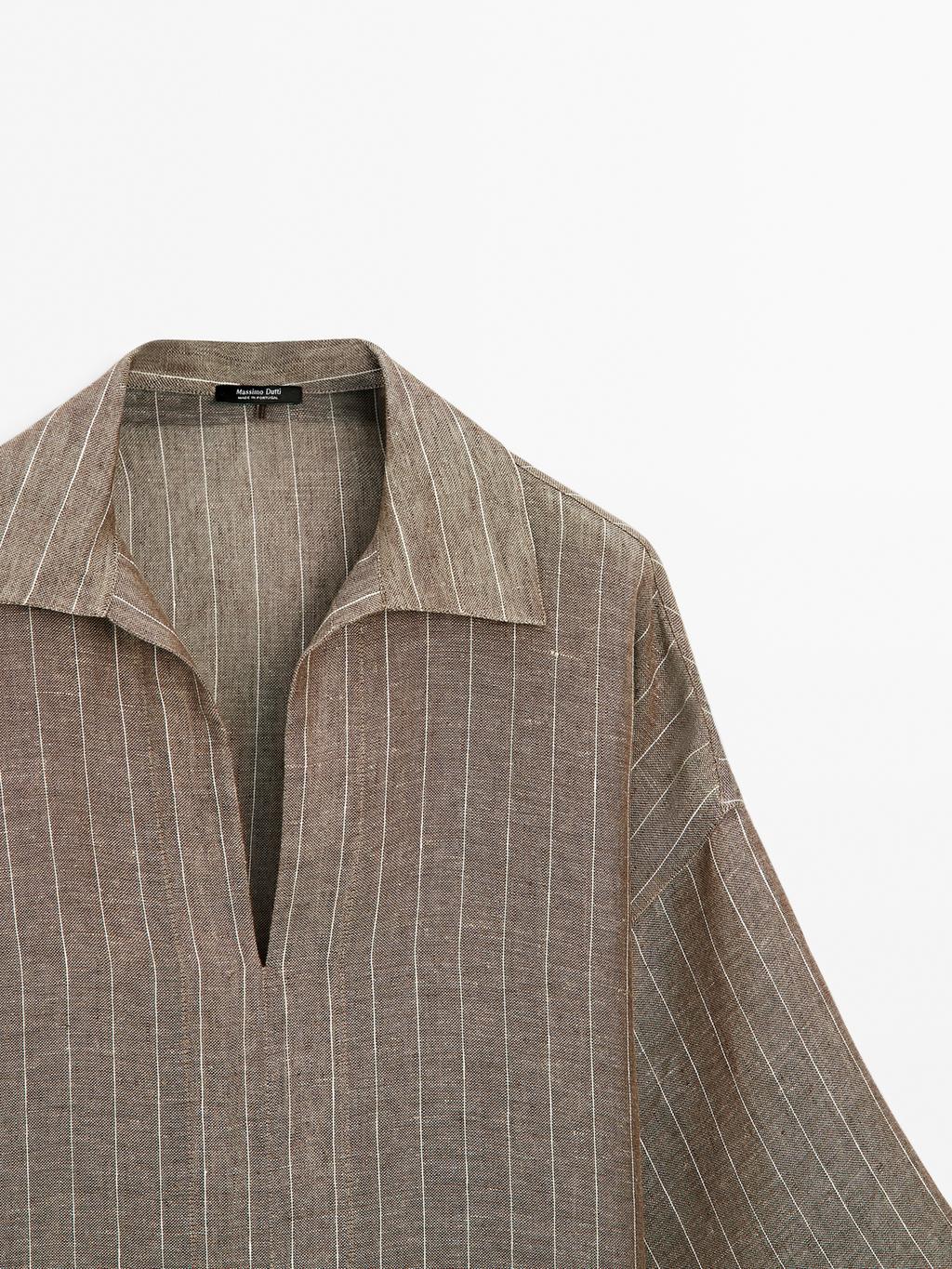 Striped linen open neck blouse