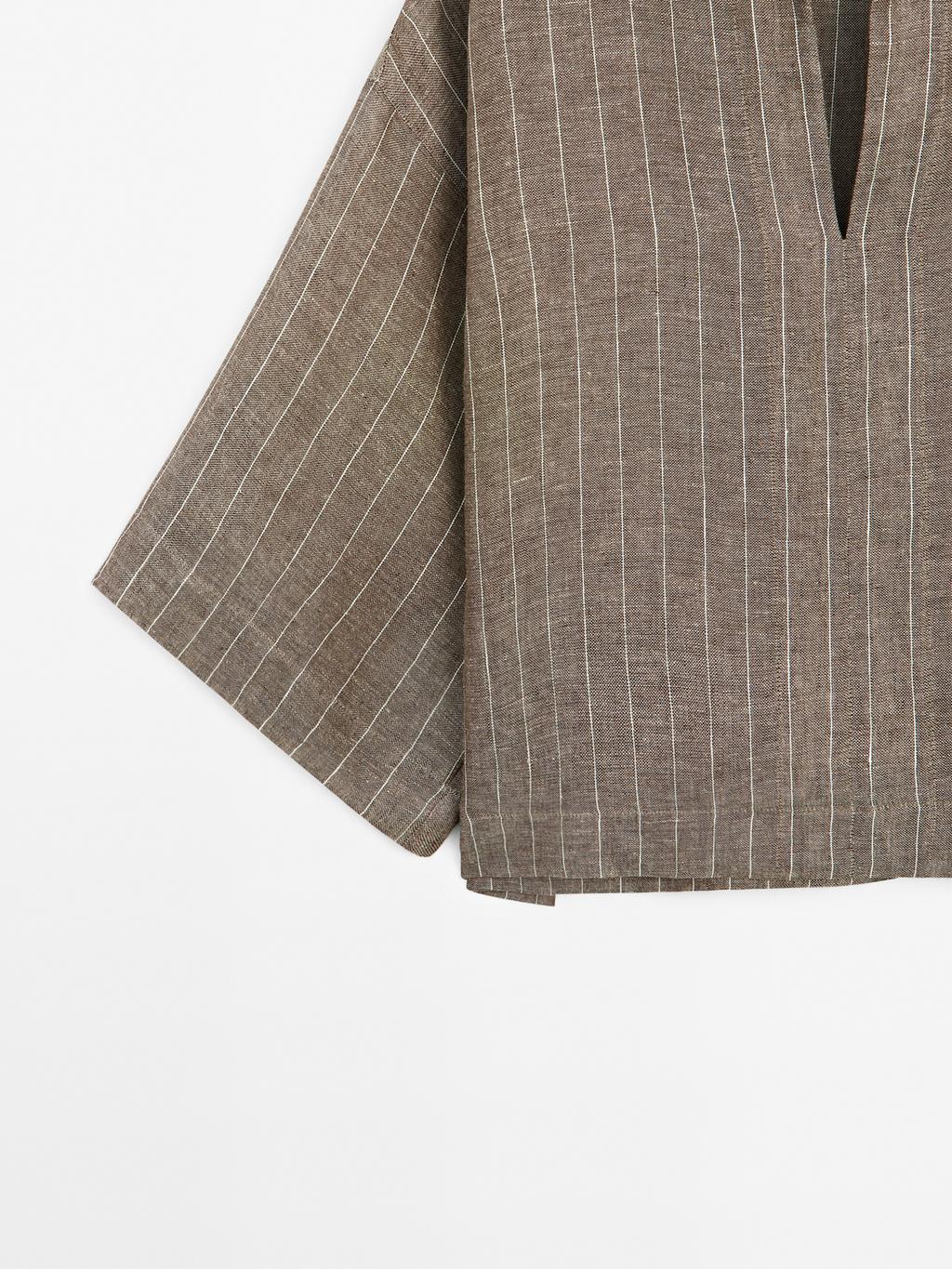 Striped linen open neck blouse