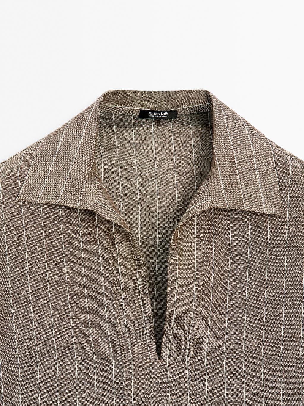 Striped linen open neck blouse