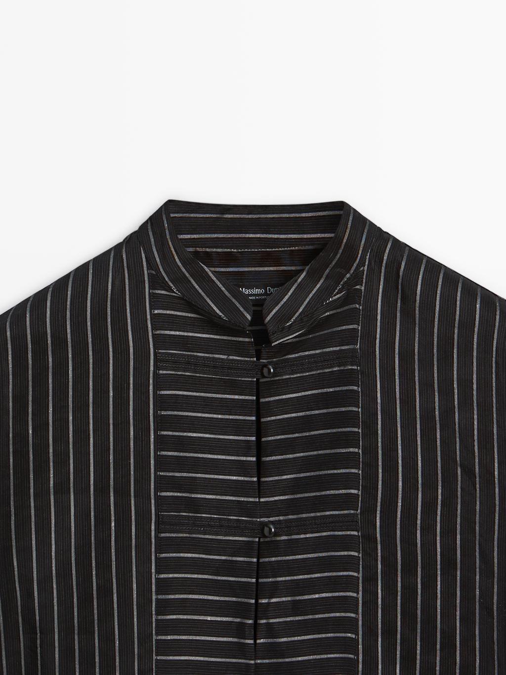 Striped shirt with stand collar and bib detail