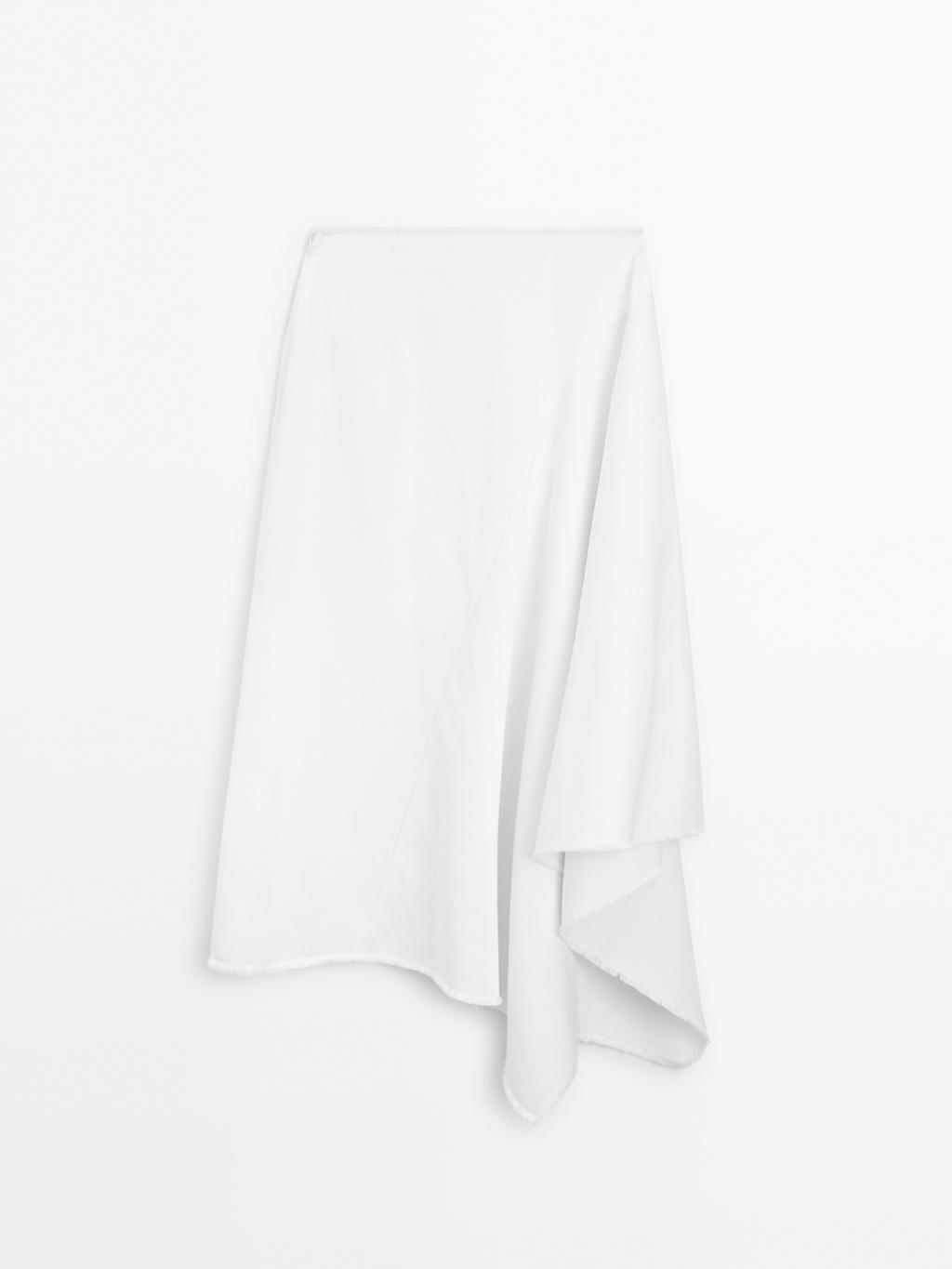 Asymmetric denim midi skirt