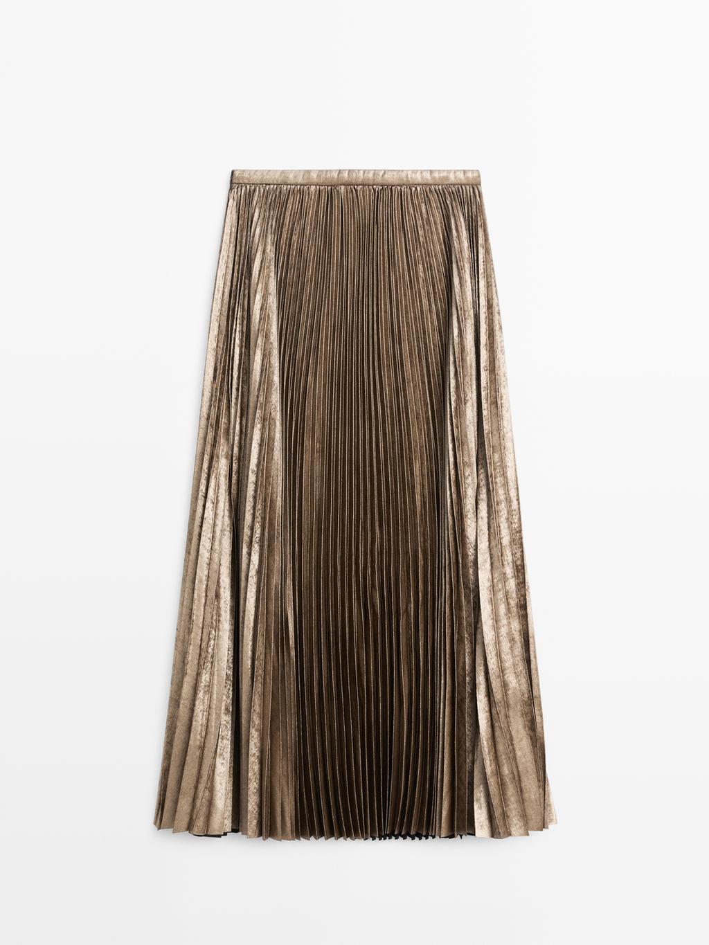 Pleated metallic-effect midi skirt