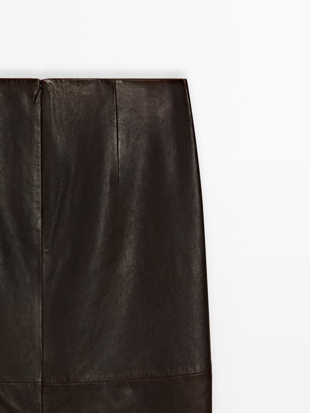 Straight nappa leather midi skirt with slit