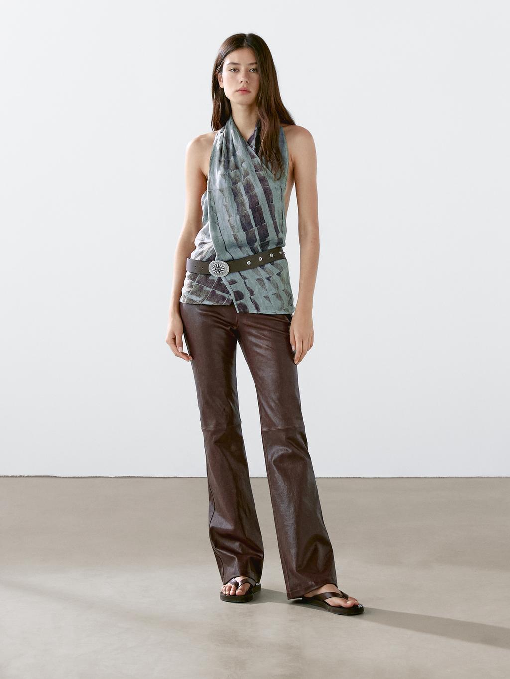 Nappa leather bell bottom trousers