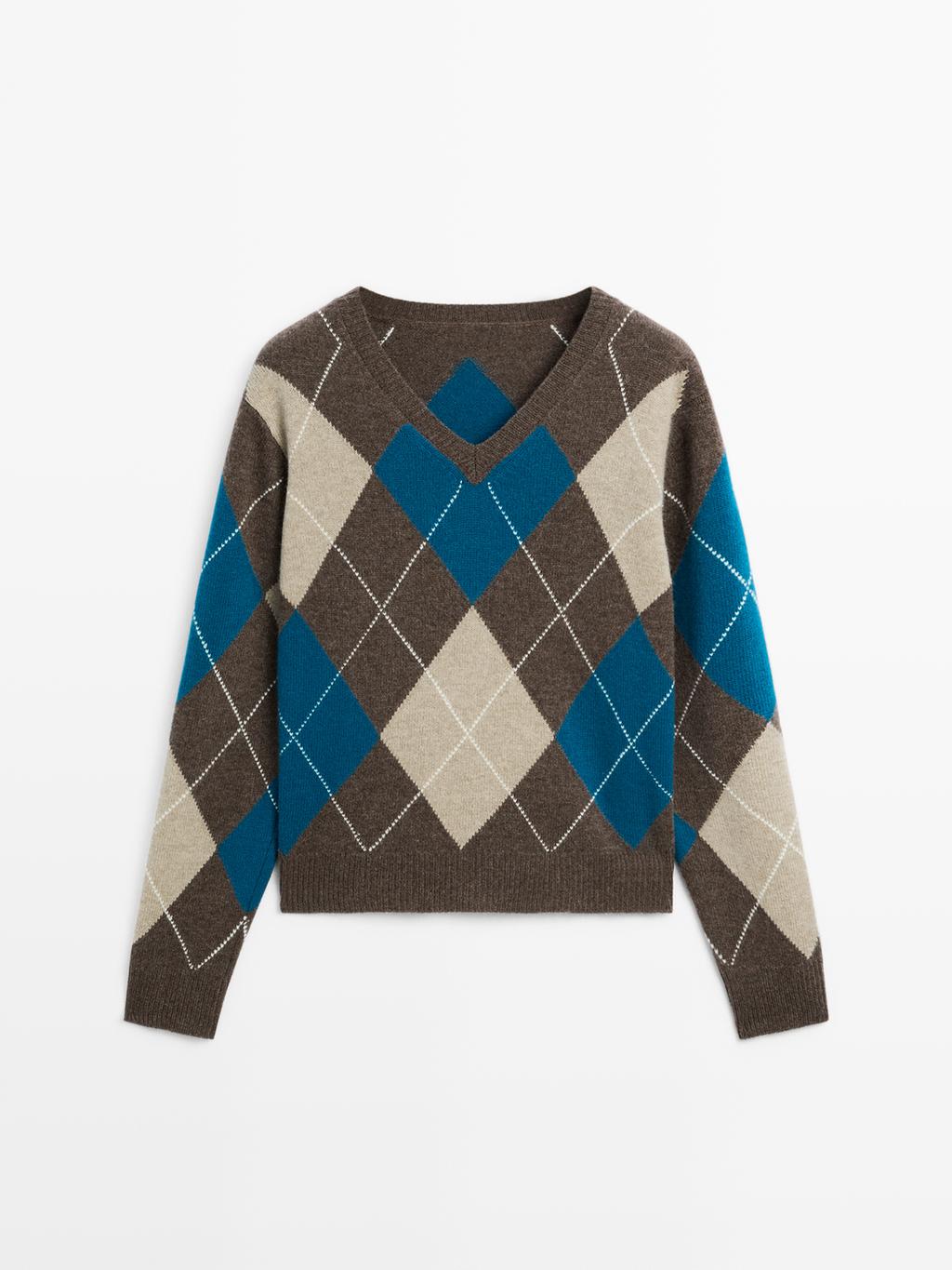 Wool blend argyle knit sweater