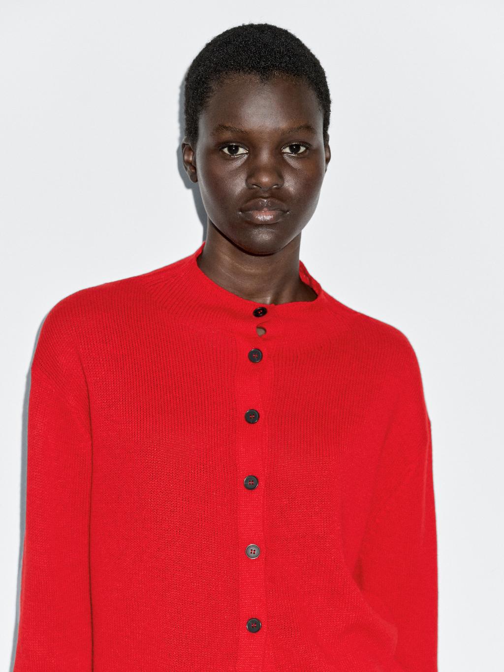 Knit wool and linen cardigan with mock turtleneck