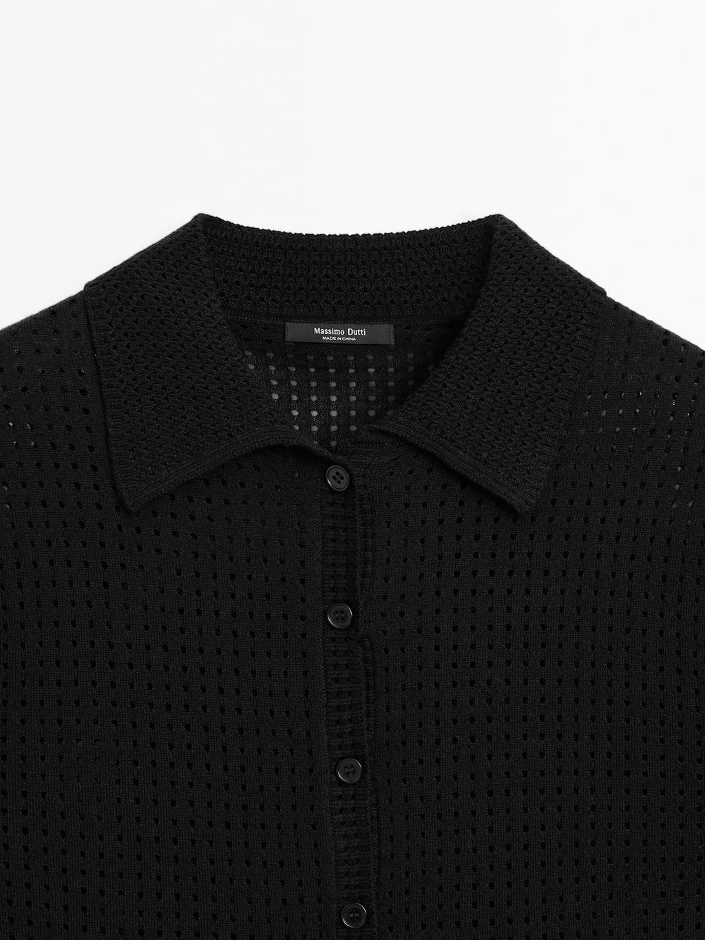 Open knit sweater with polo collar