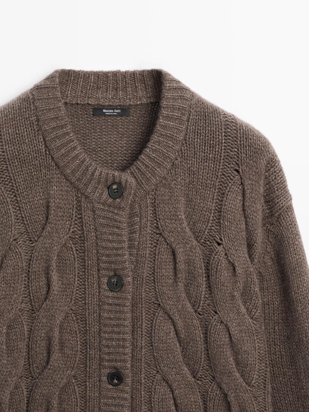 Wool blend cable-knit cardigan