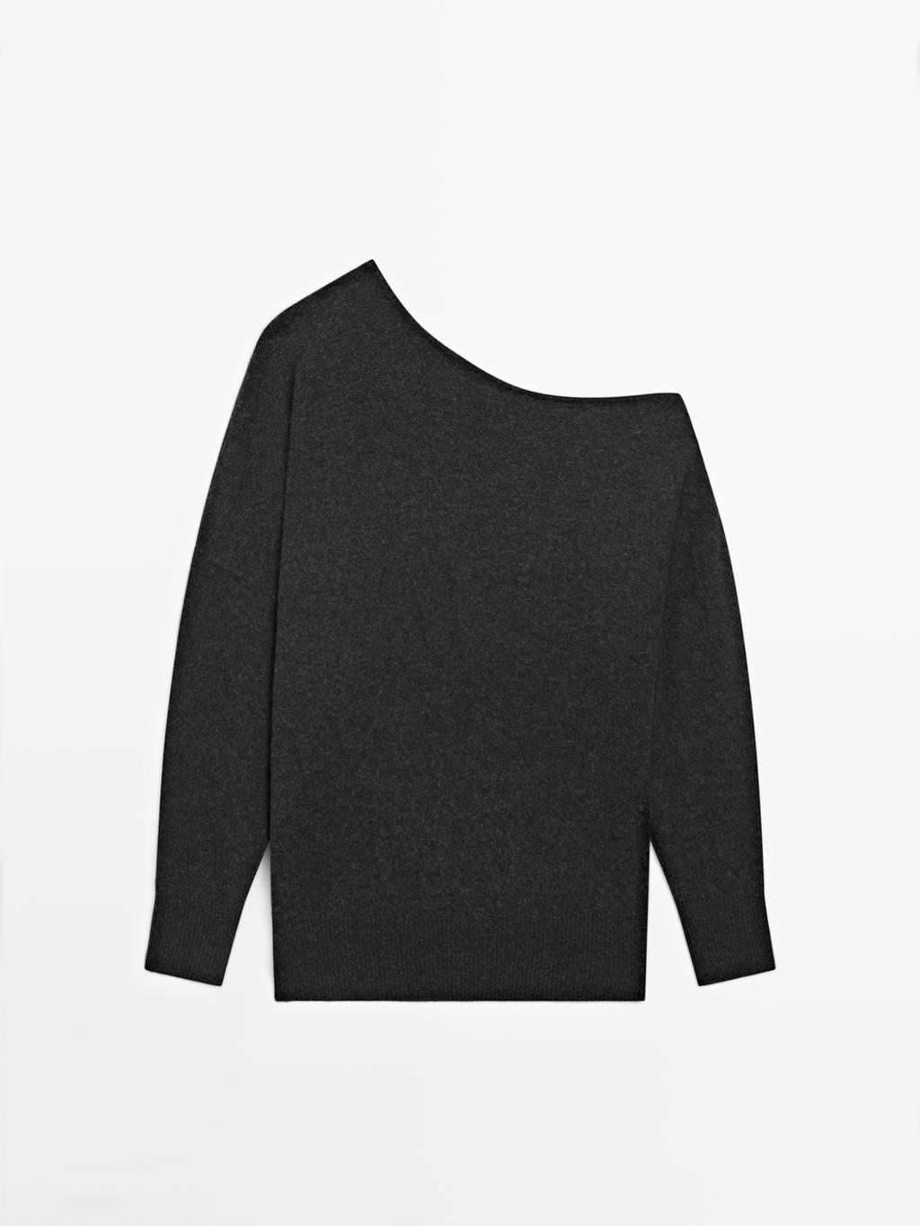 Wool blend knit sweater with asymmetric neckline
