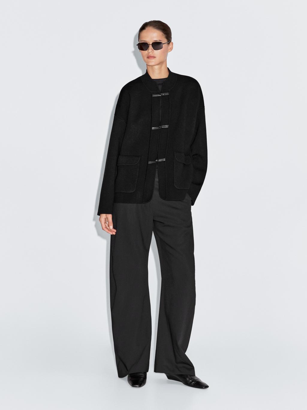 Wool blend knit cardigan with stand collar