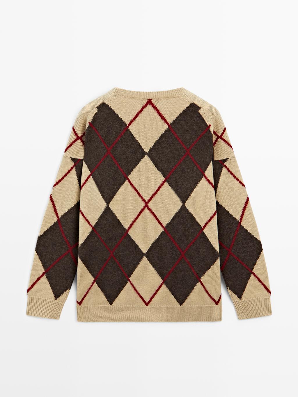 Knit wool blend sweater with argyle detail