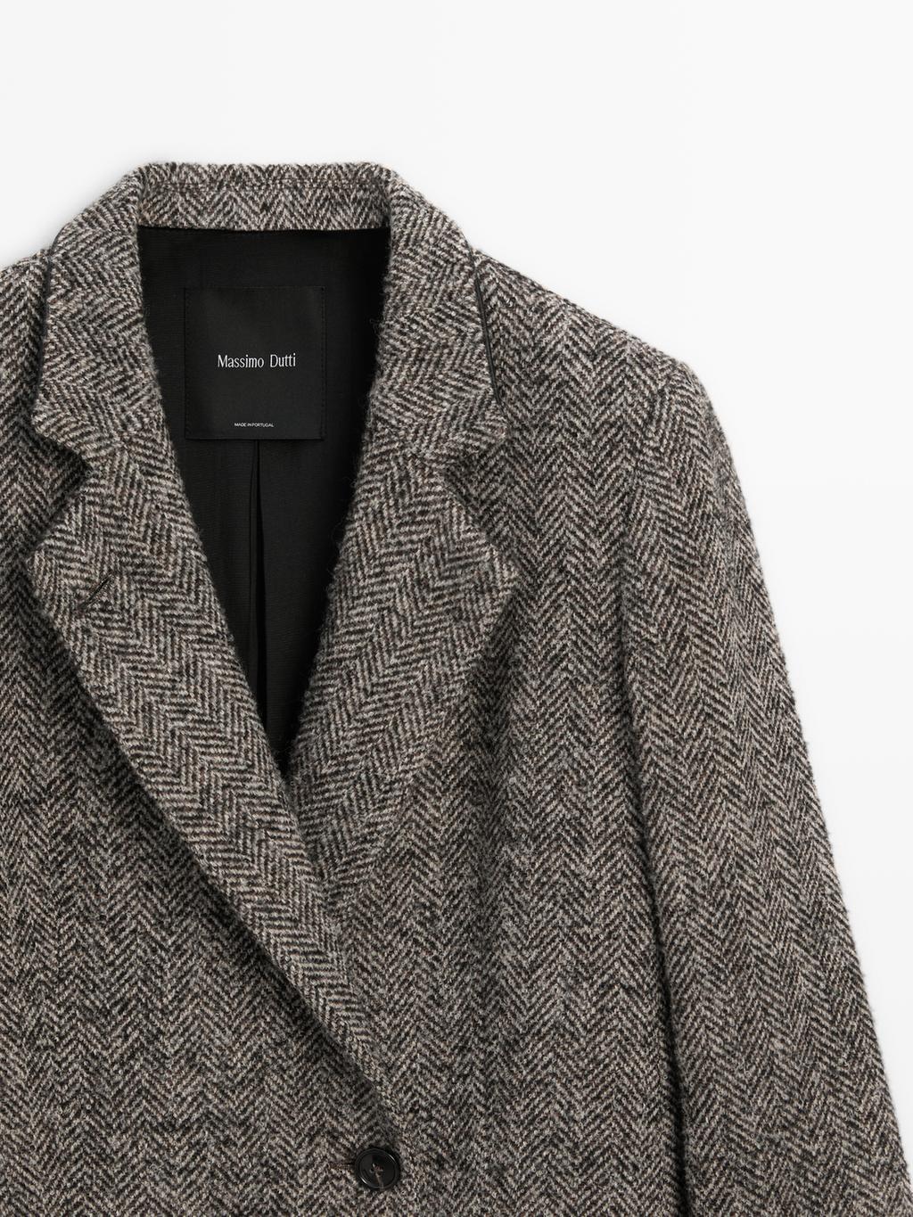 Herringbone wool blend blazer with high collar