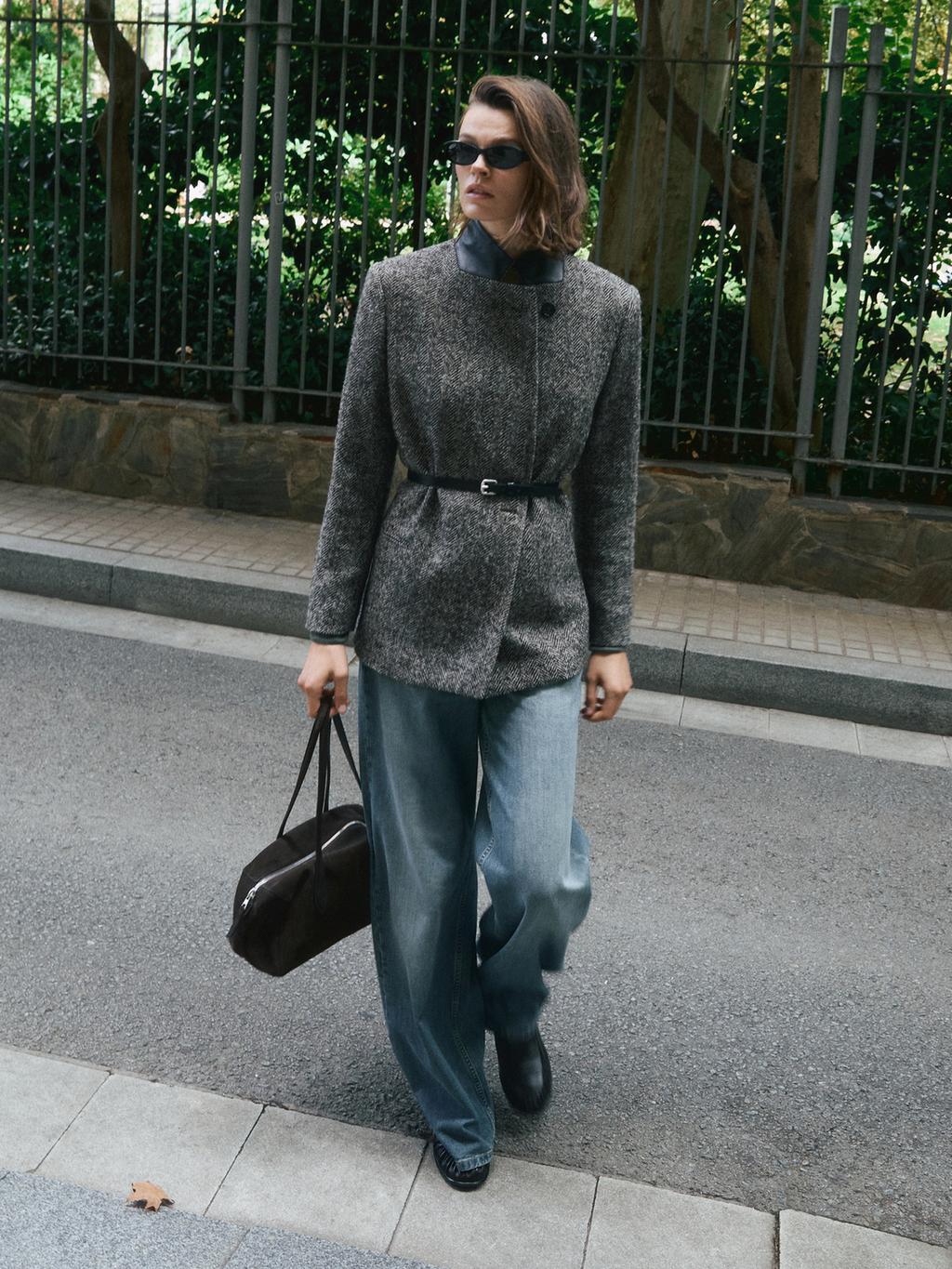 Herringbone wool blend blazer with high collar