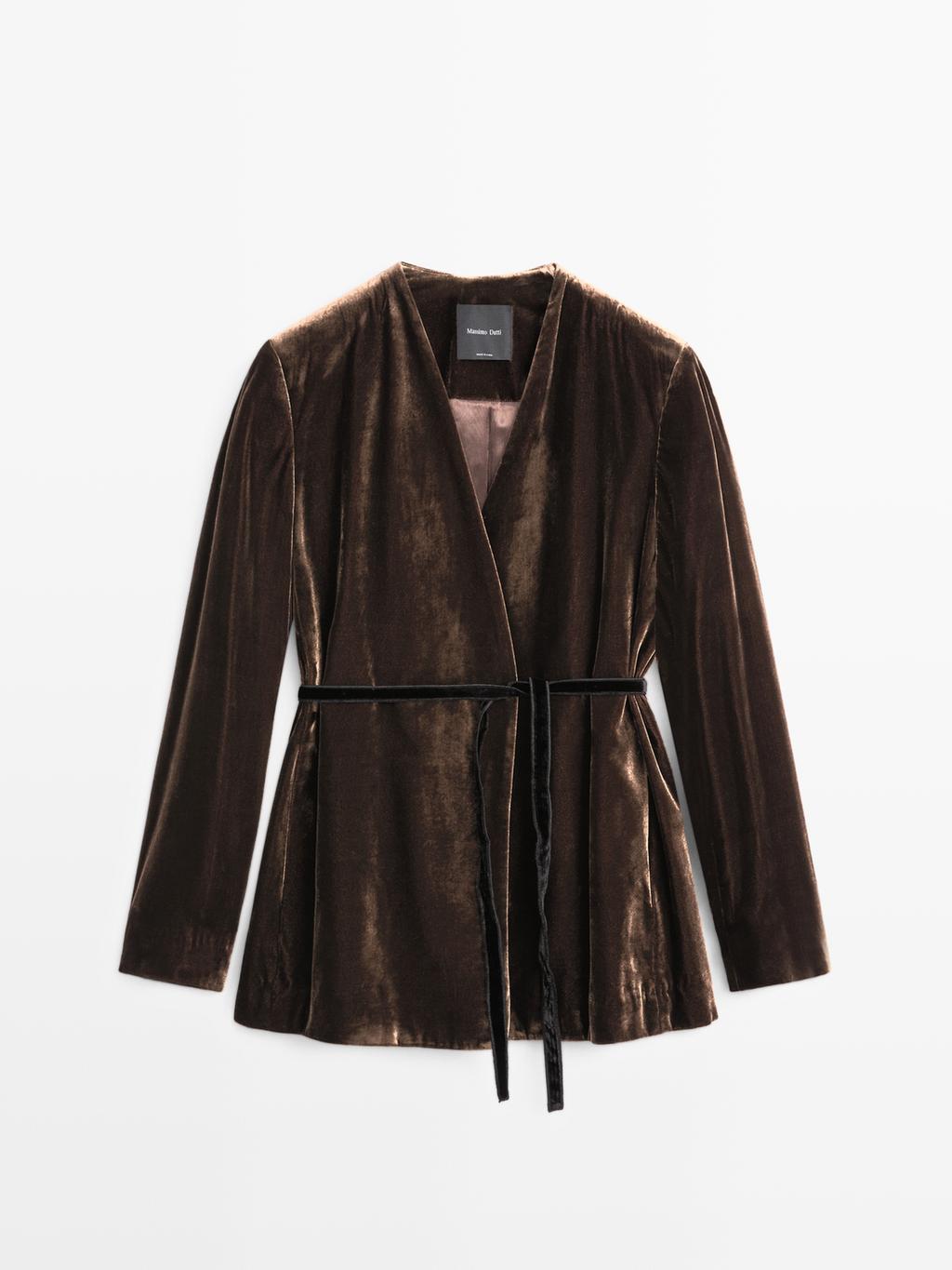 Velvet blazer with tie detail