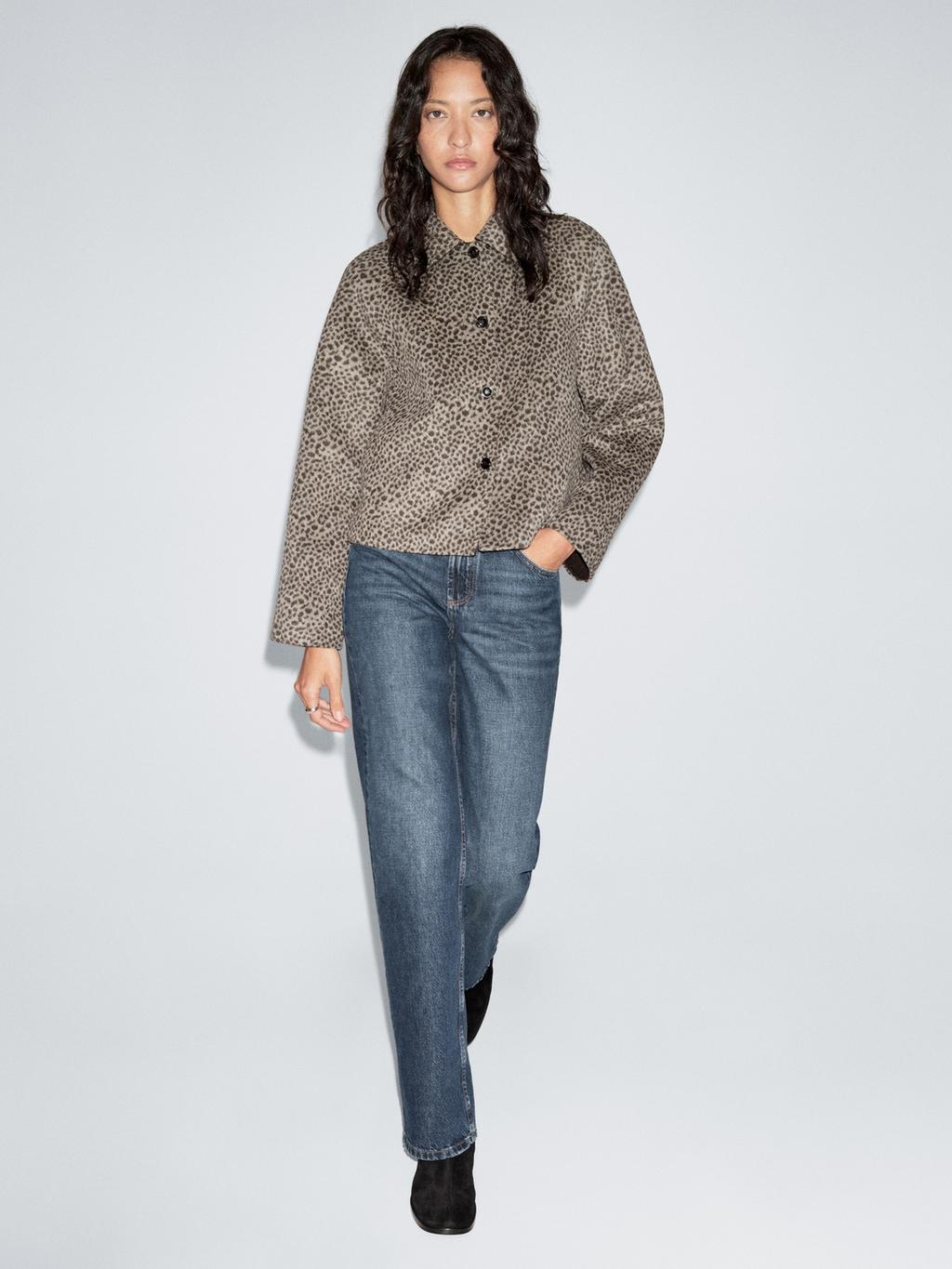 Short wool blend animal print coat