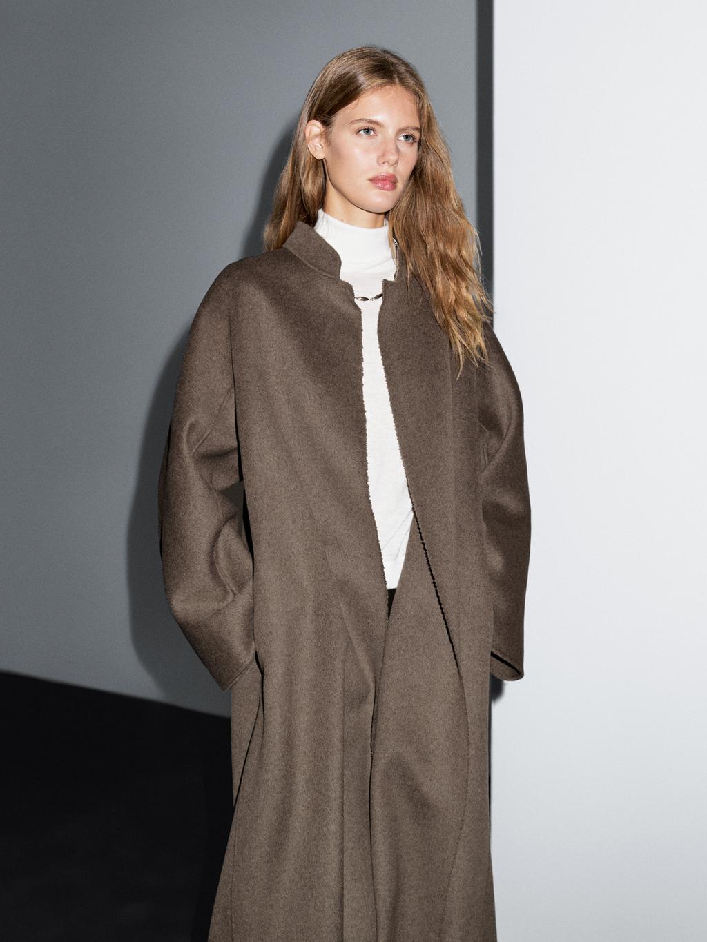 Long open wool blend coat