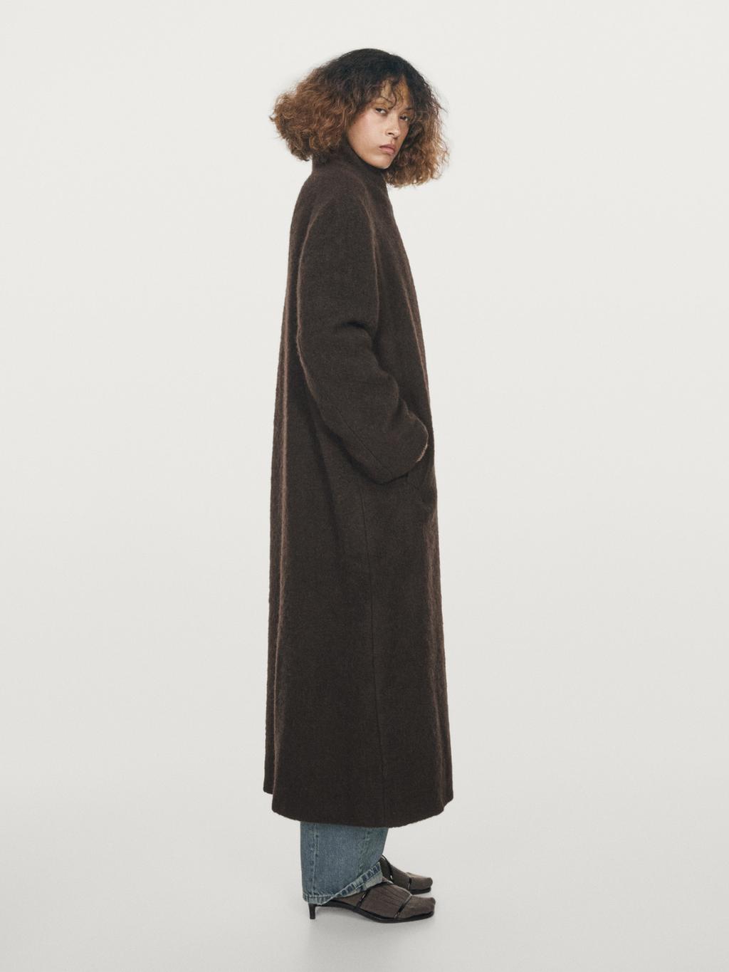 Long double-breasted coat with brushed finish