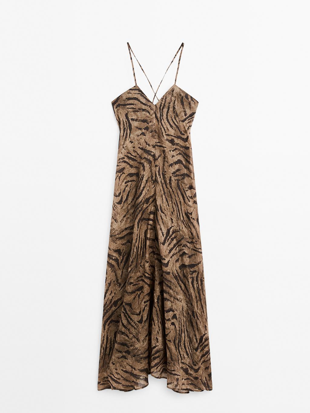 Long ramie blend animal print dress