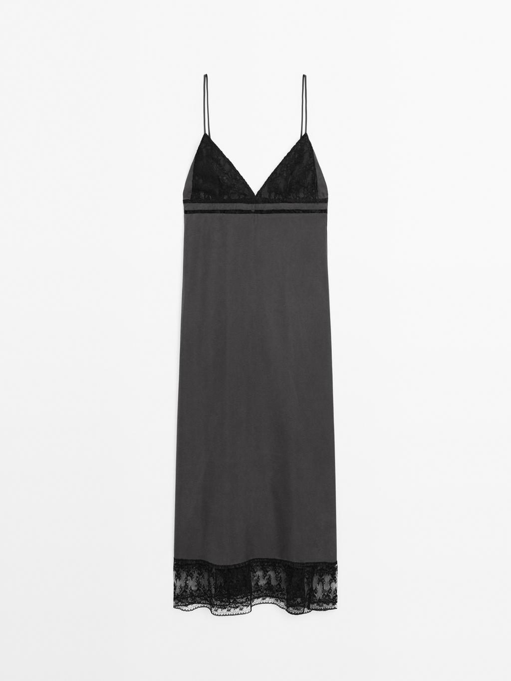 100% silk midi dress with lace detail