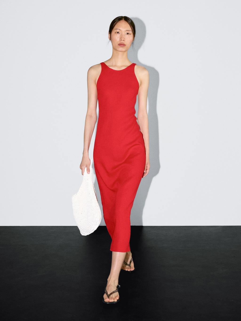 100% linen round neck midi dress