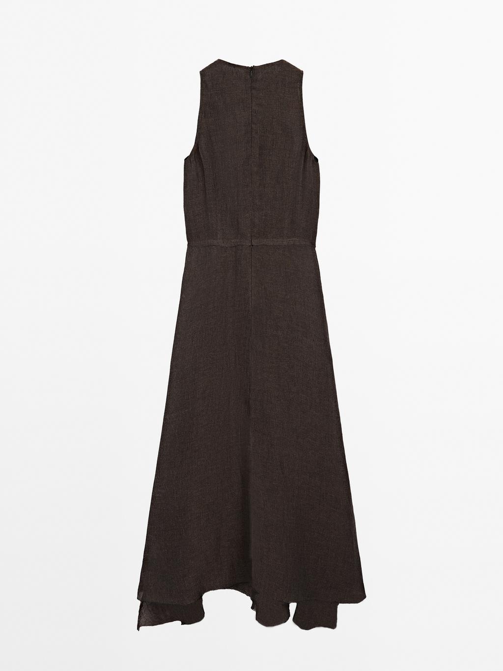 100% linen midi dress with frayed trims