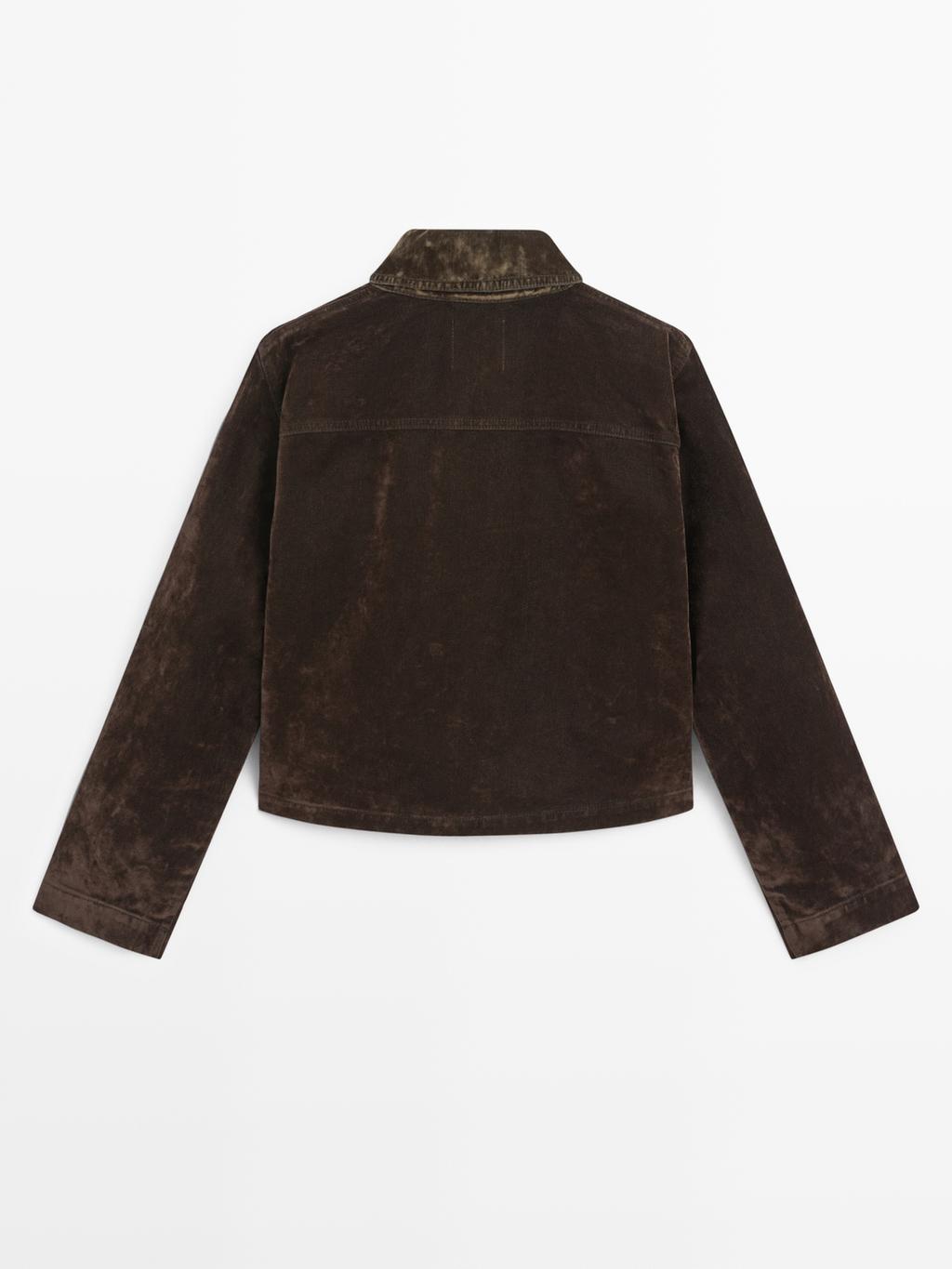 Short denim jacket with pockets and flocked finish