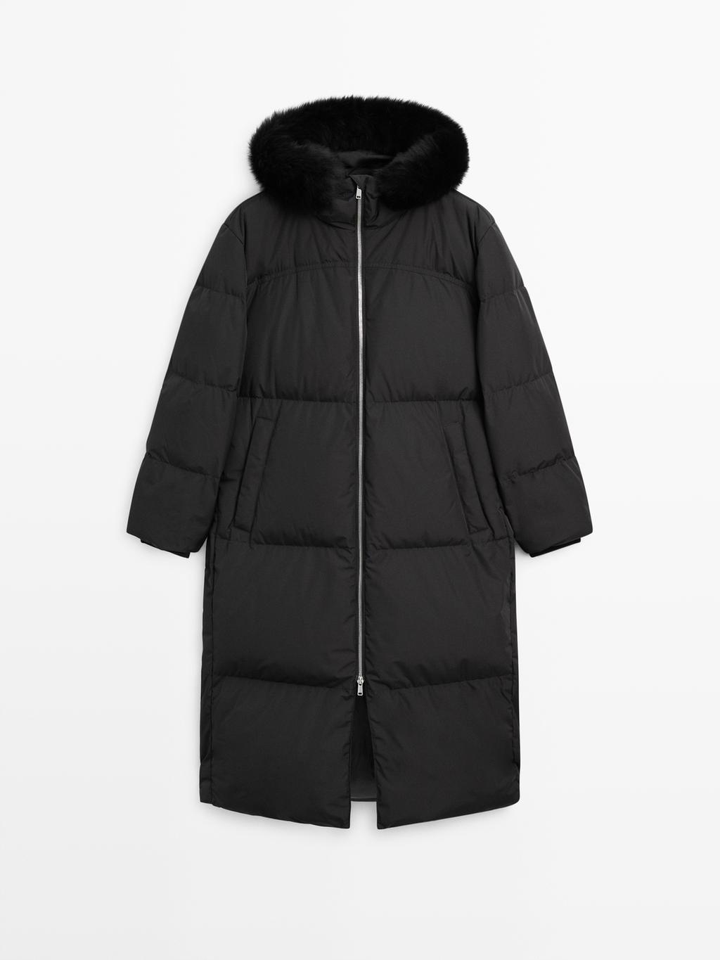 Technical down jacket with faux fur hood